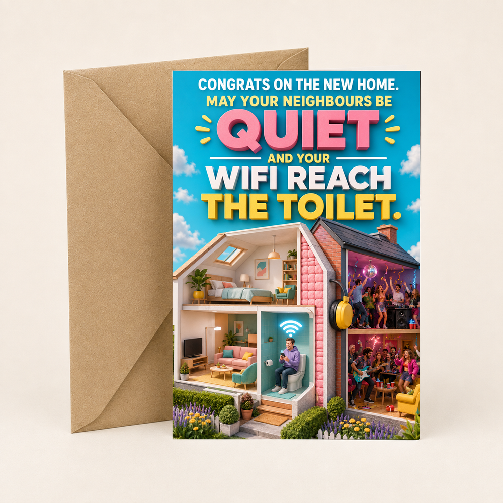 Funny New Home Card – Quiet Neighbours and Toilet Wi-Fi
