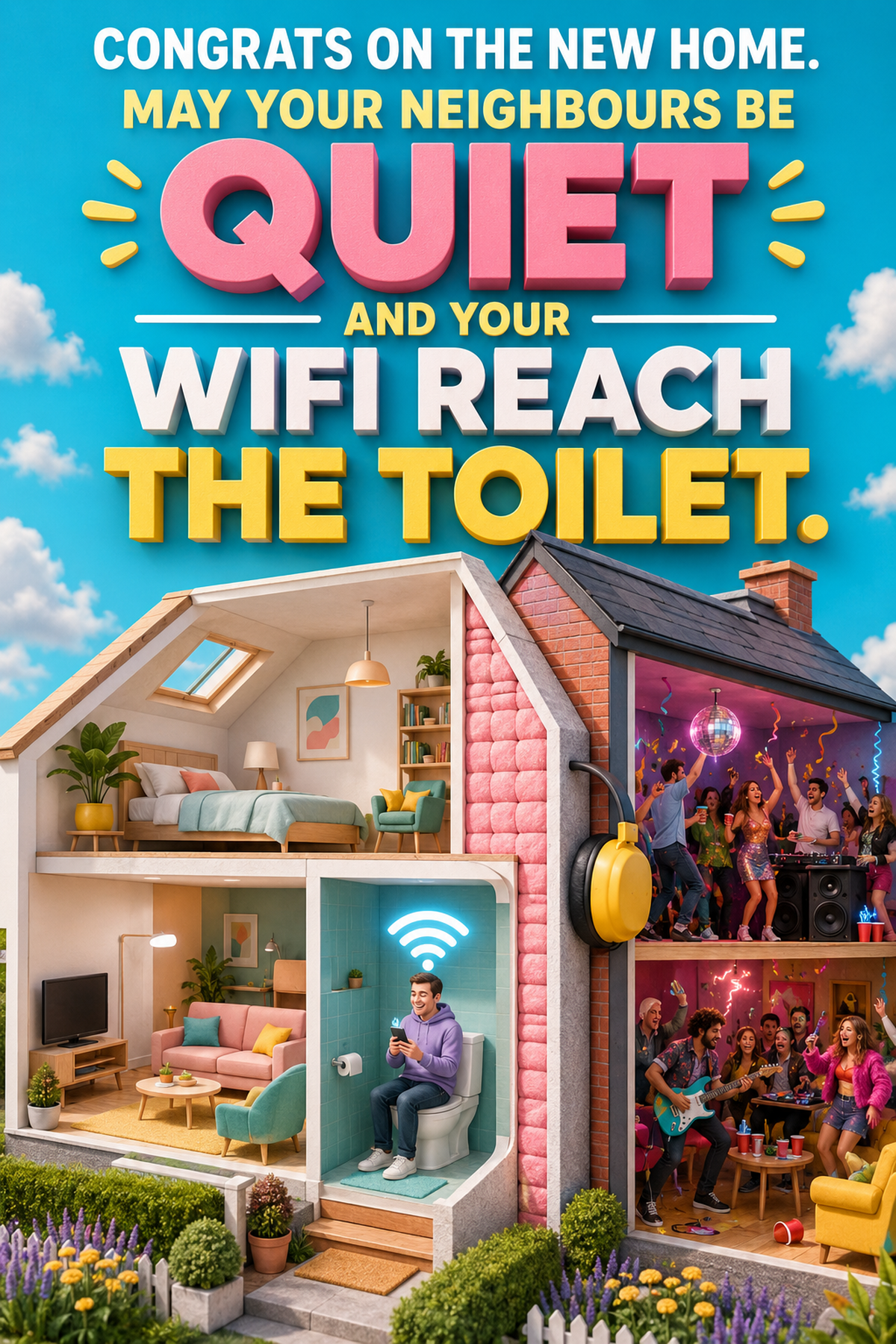 Funny New Home Card – Quiet Neighbours and Toilet Wi-Fi