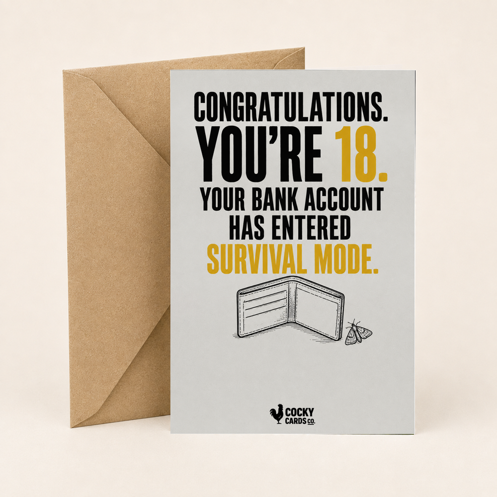 Funny 18th Birthday Card for Him – Bank Account Survival Mode