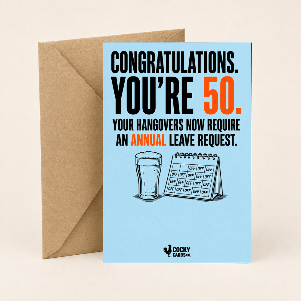 Funny 50th Birthday Card for Him – Annual Leave Hangover