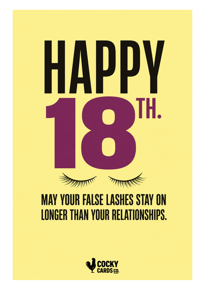 Funny 18th Birthday Card for Her – False Lashes – card front artwork