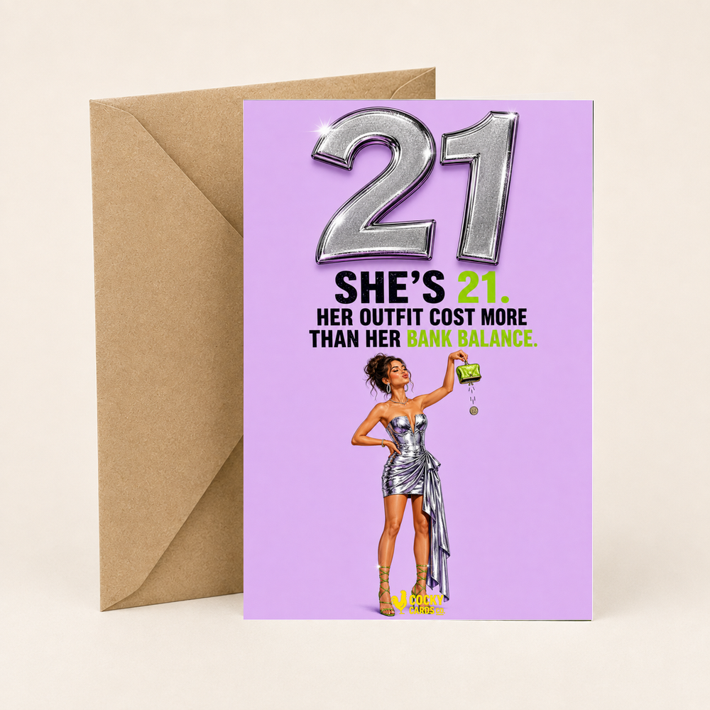 Funny 21st Birthday Card For Her – Outfit Versus Bank Balance