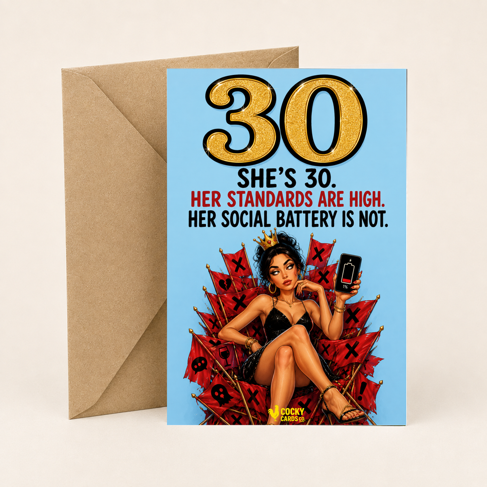Funny 30th Birthday Card For Her – High Standards, Low Social Battery