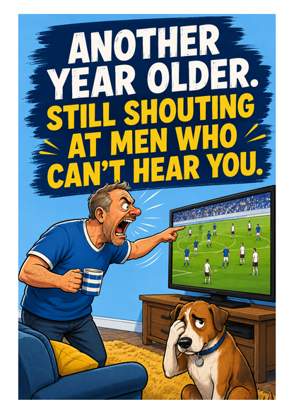 Funny Football Birthday Card – Still Waiting to Win Something – card front artwork