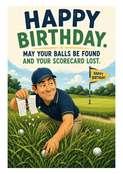 Funny Golf Birthday Card – Straight Drive, Convincing Excuses – card front artwork