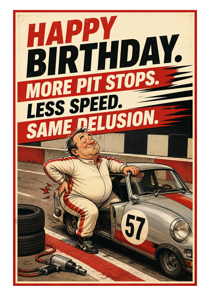 Funny Motorsport Birthday Card – Fast Car, Slow Repair Bills – card front artwork