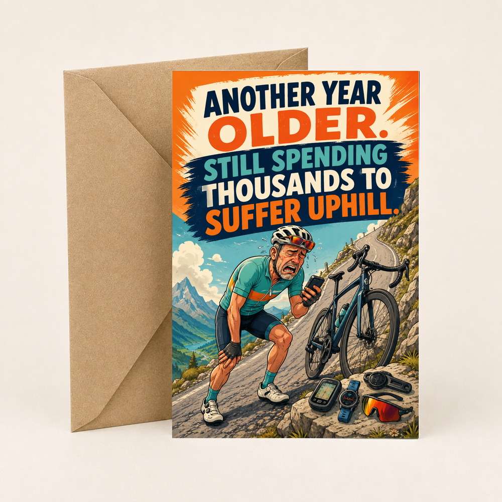 Funny Cycling Birthday Card – Flat Hills, Open Café