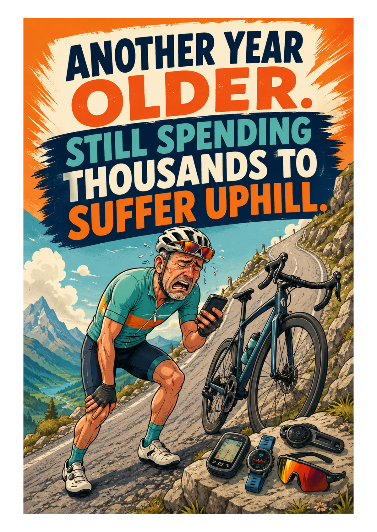 Funny Cycling Birthday Card – Flat Hills, Open Café – card front artwork