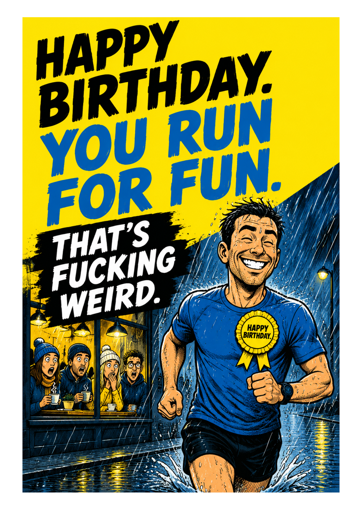 Funny Running Birthday Card – PB Up, Knees Forgive You – card front artwork