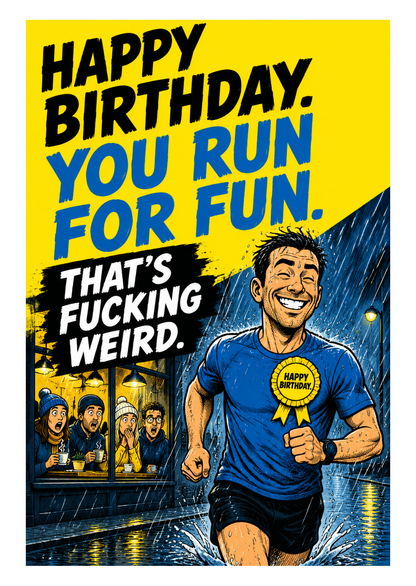 Funny Running Birthday Card – PB Up, Knees Forgive You – card front artwork