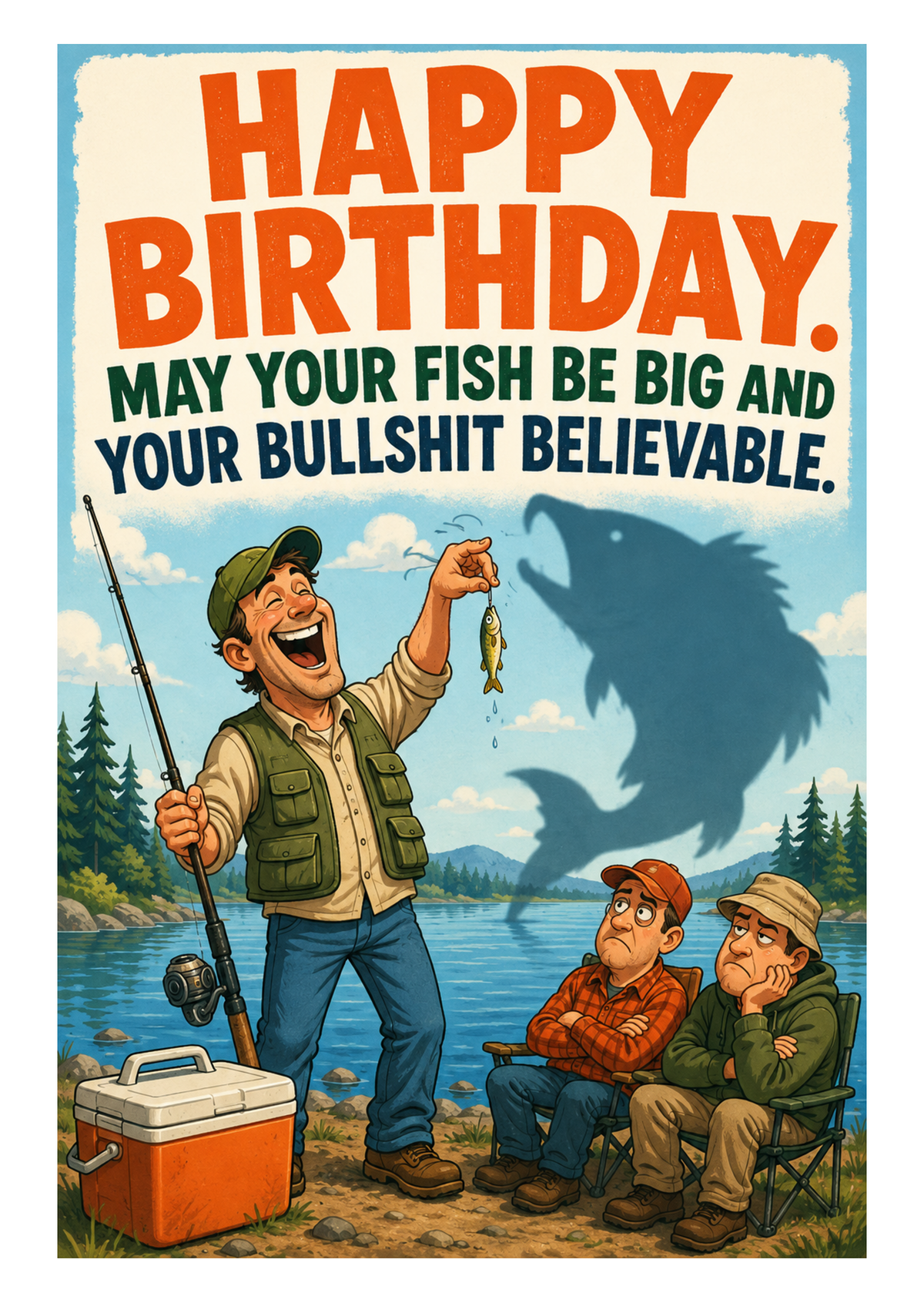 Rude Fishing Birthday Card – Believable Bullshit – card front artwork