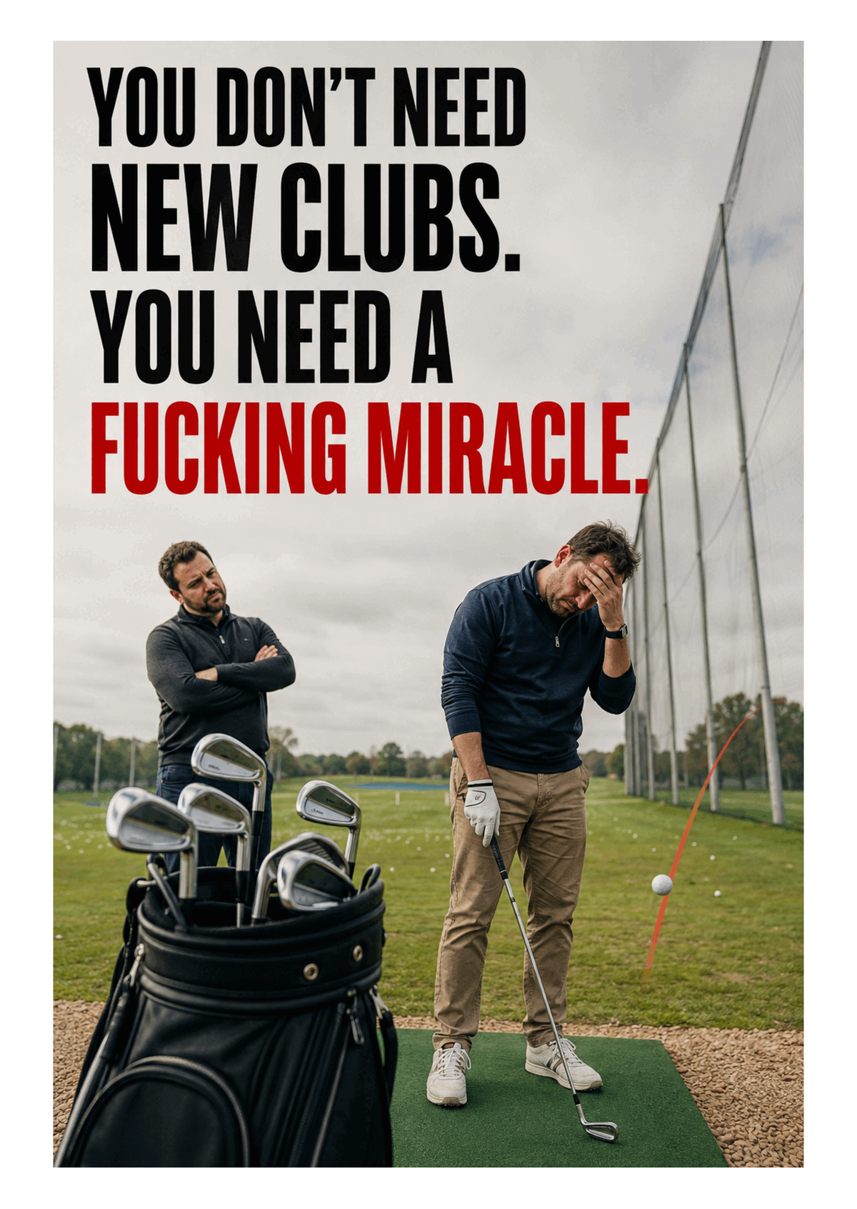 Funny Golf Birthday Card – You Need a Miracle – card front artwork