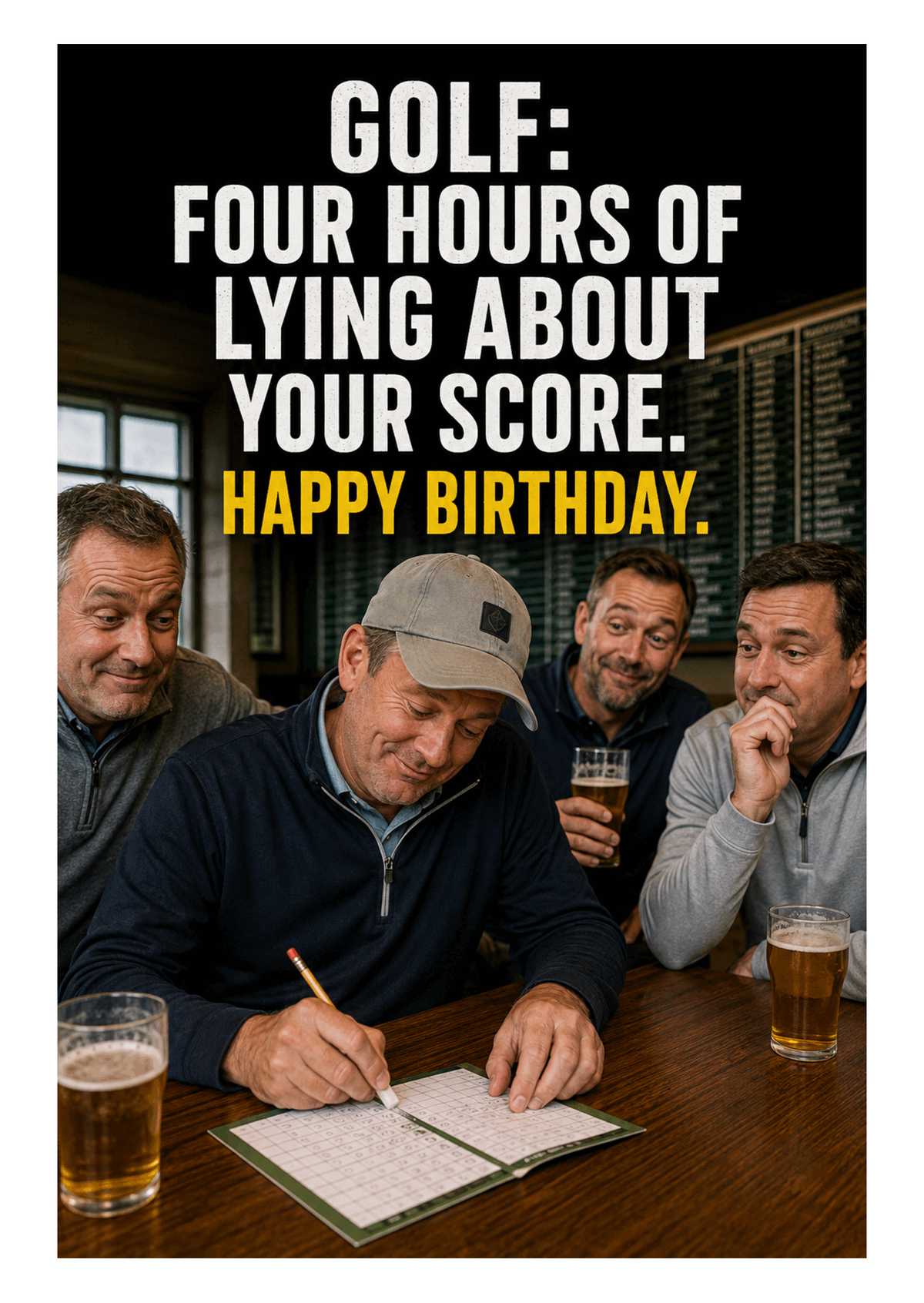 Funny Golf Birthday Card – Lying About Your Score – card front artwork