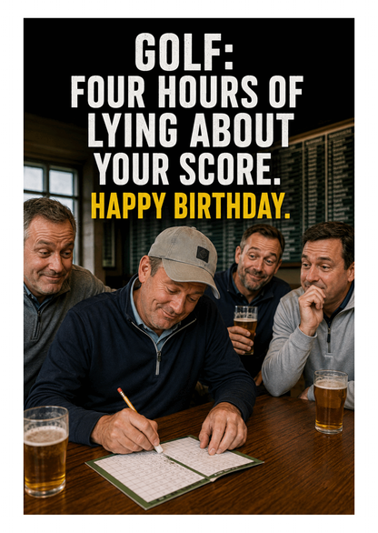 Funny Golf Birthday Card – Lying About Your Score – card front artwork