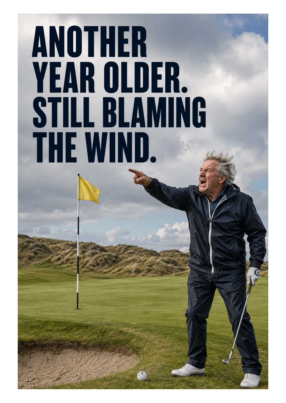 Funny Golf Birthday Card – Still Blaming the Wind – card front artwork