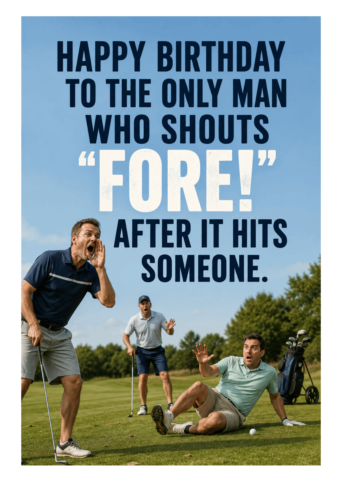 Funny Golf Birthday Card – Shouts Fore Too Late – card front artwork