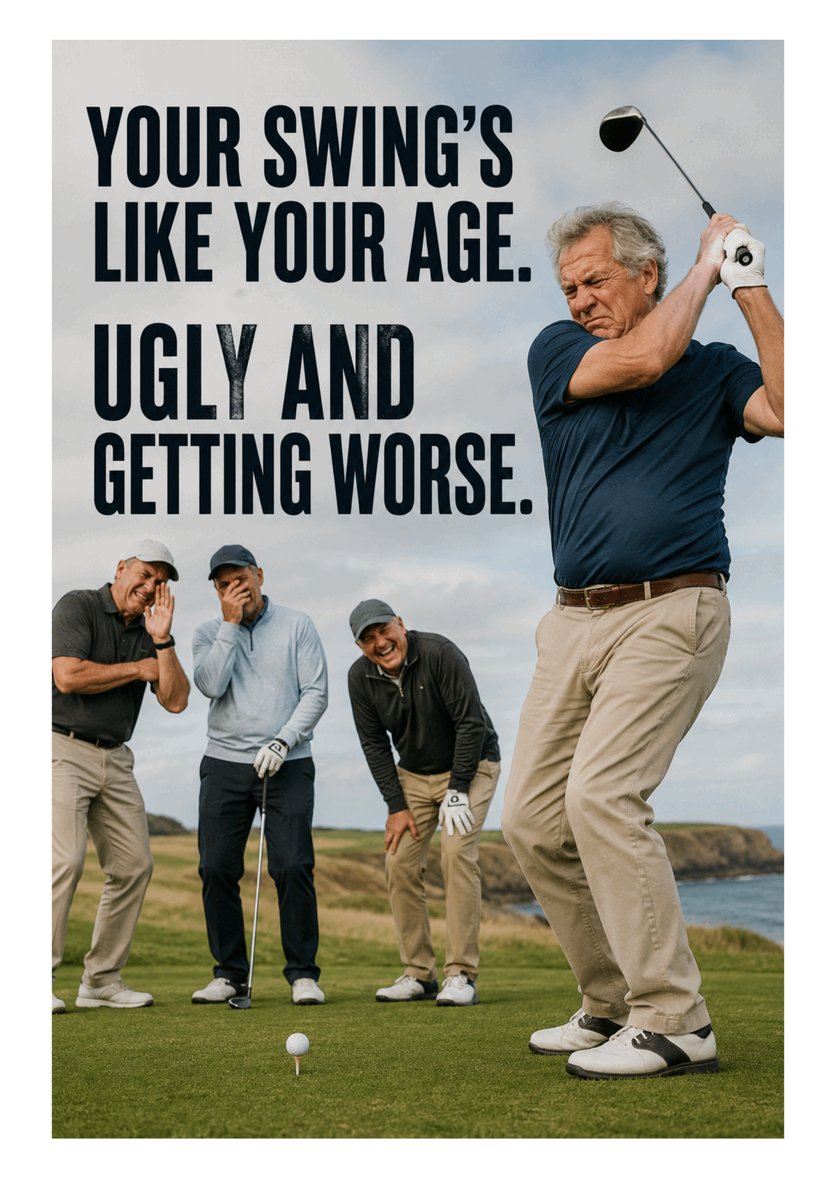 Funny Golf Birthday Card – Swing Like Your Age – card front artwork