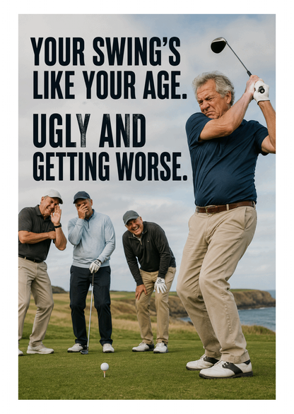 Funny Golf Birthday Card – Swing Like Your Age – card front artwork