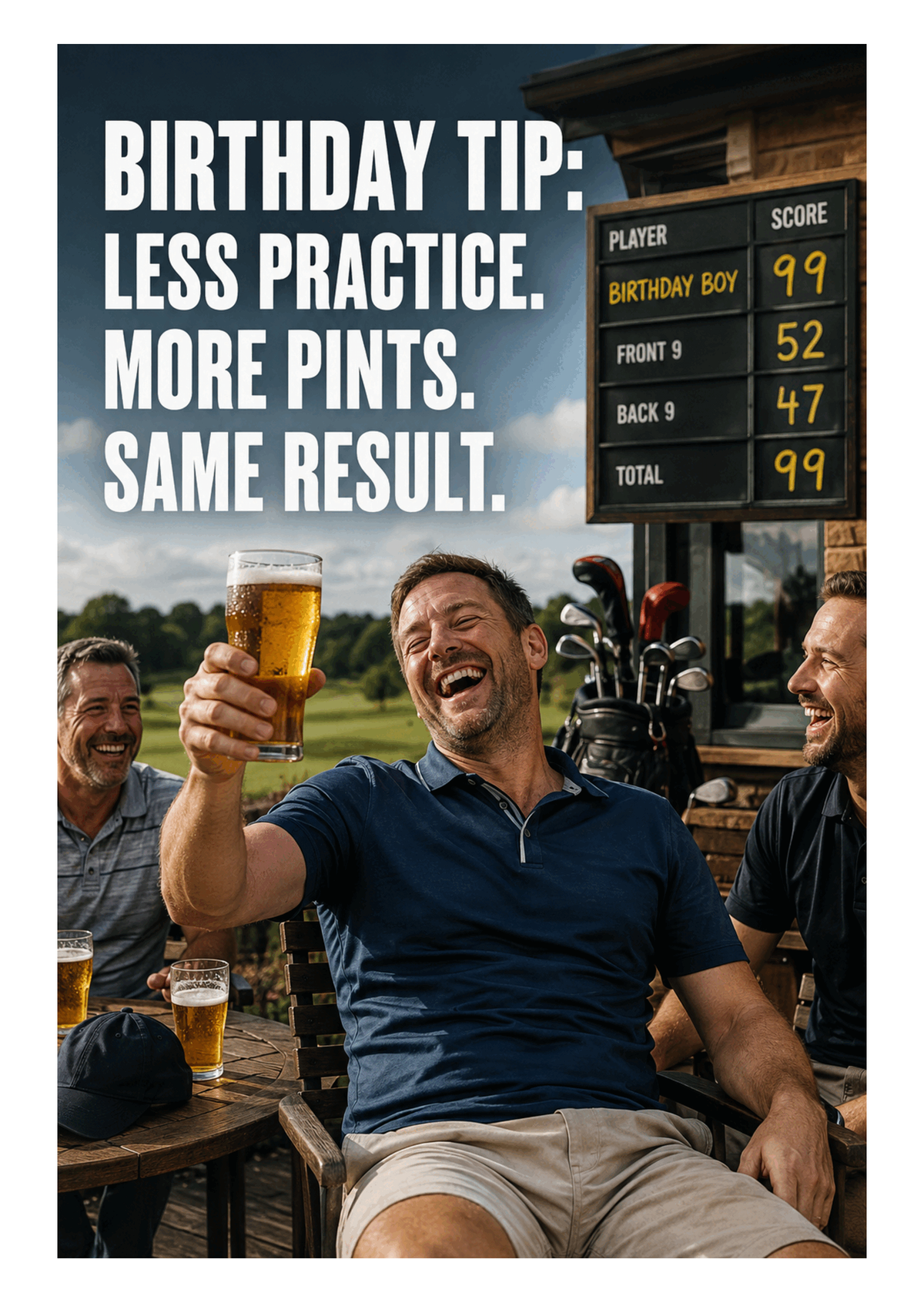 Funny Golf Birthday Card – Less Practice More Pints – card front artwork