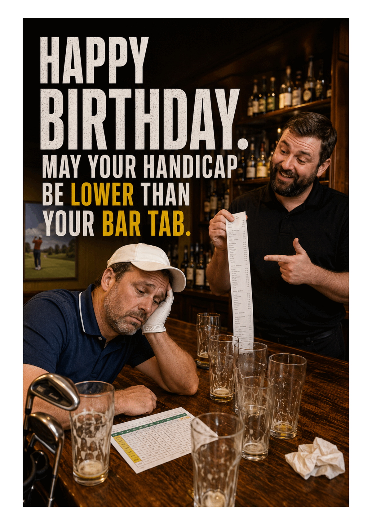 Funny Golf Birthday Card – Handicap Lower Than Bar Tab – card front artwork