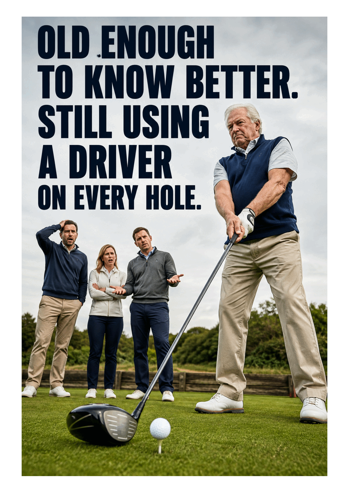 Funny Golf Birthday Card – Driver on Every Hole – card front artwork
