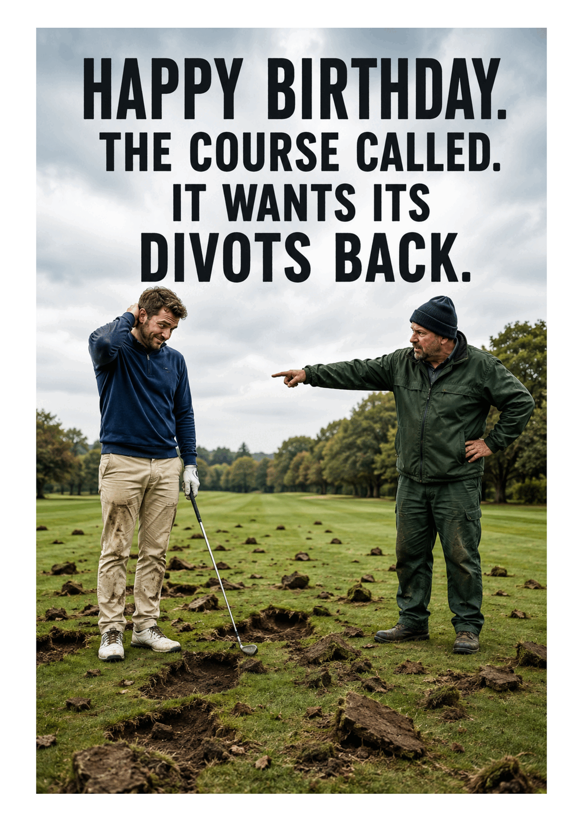 Funny Golf Birthday Card – The Course Wants Its Divots Back – card front artwork