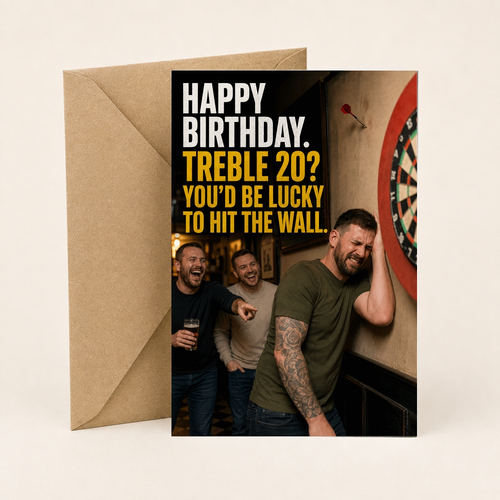 Funny Darts Birthday Card – Lucky to Hit the Wall