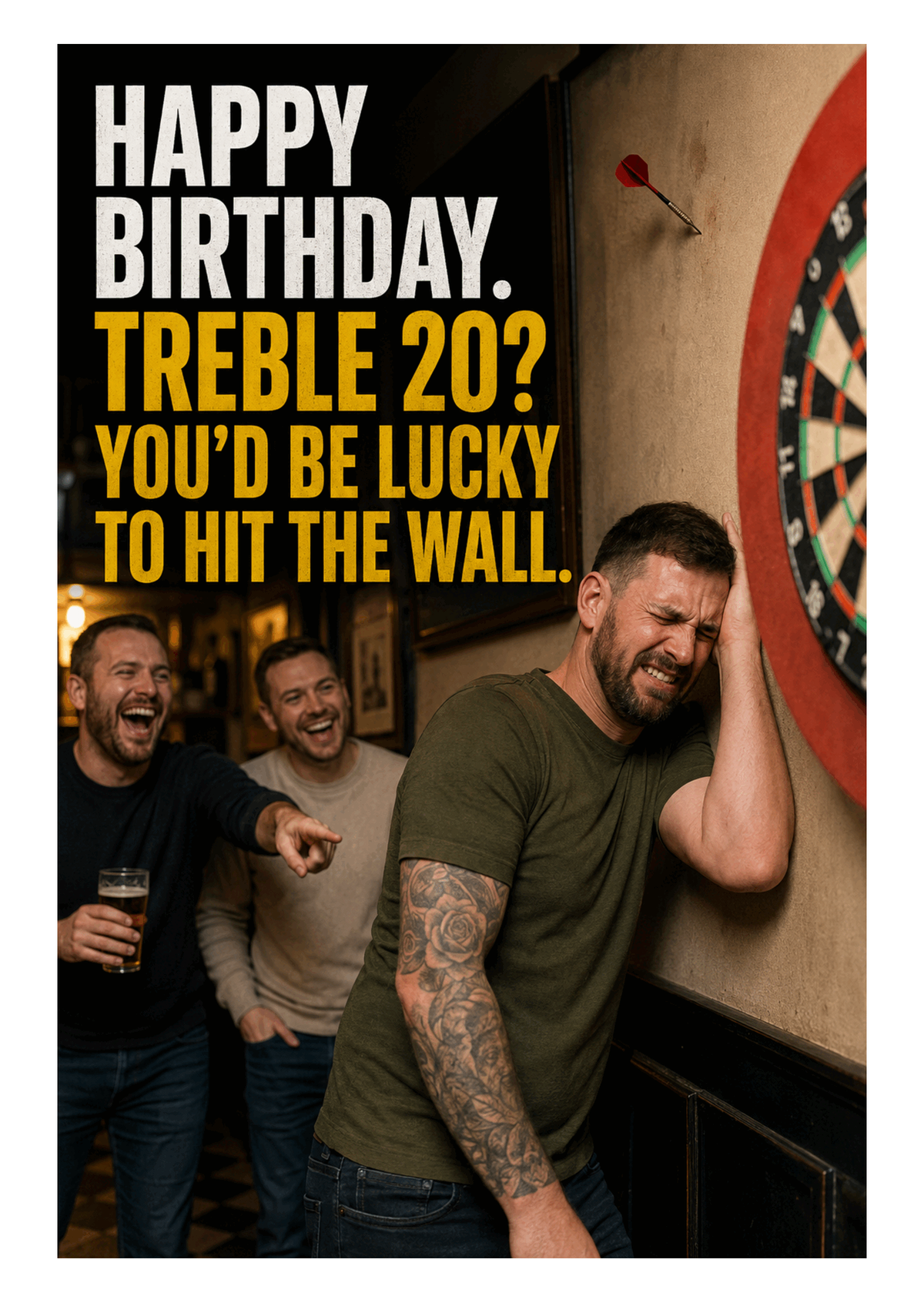 Funny Darts Birthday Card – Lucky to Hit the Wall – card front artwork