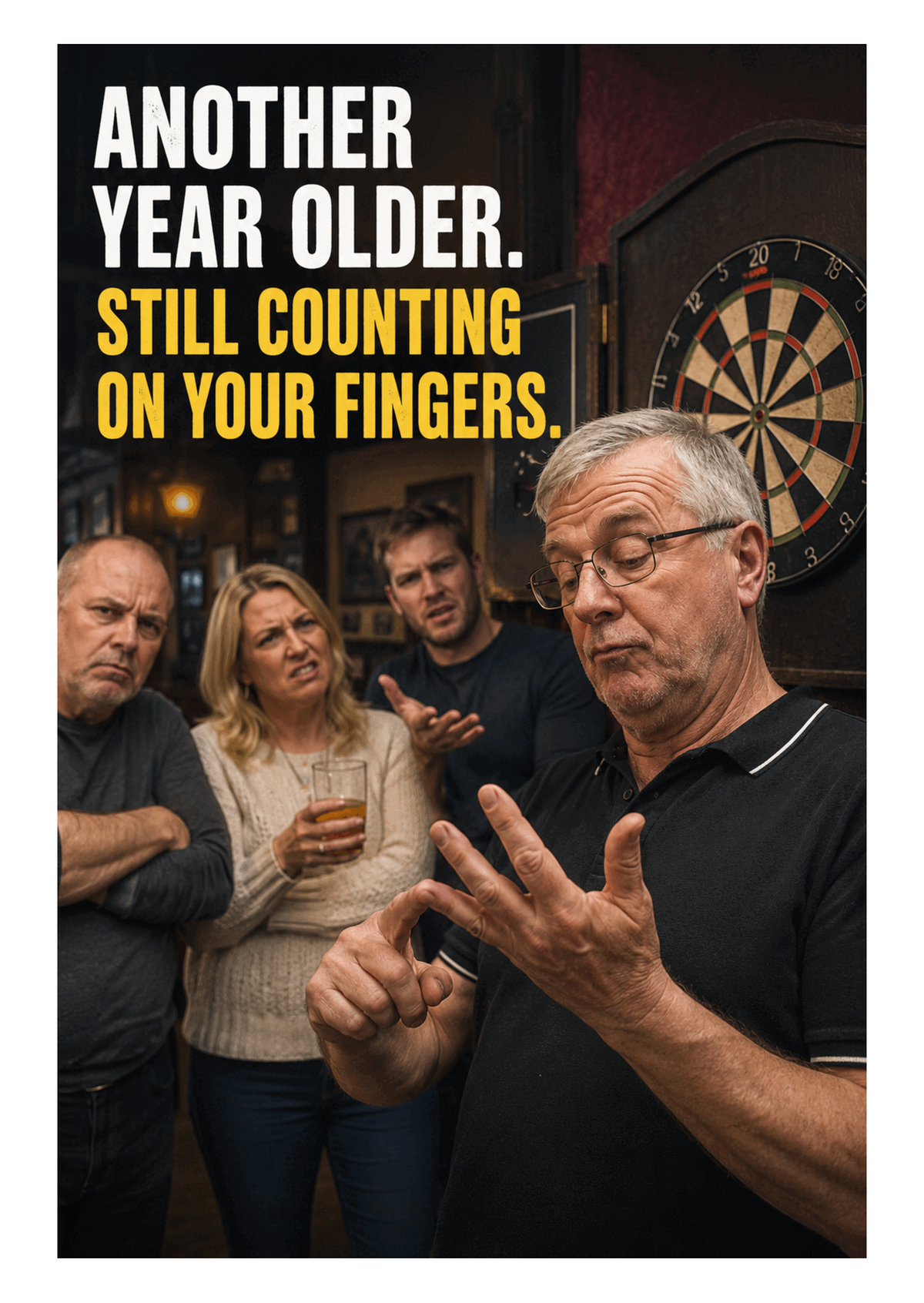 Funny Darts Birthday Card – Still Counting on Your Fingers – card front artwork