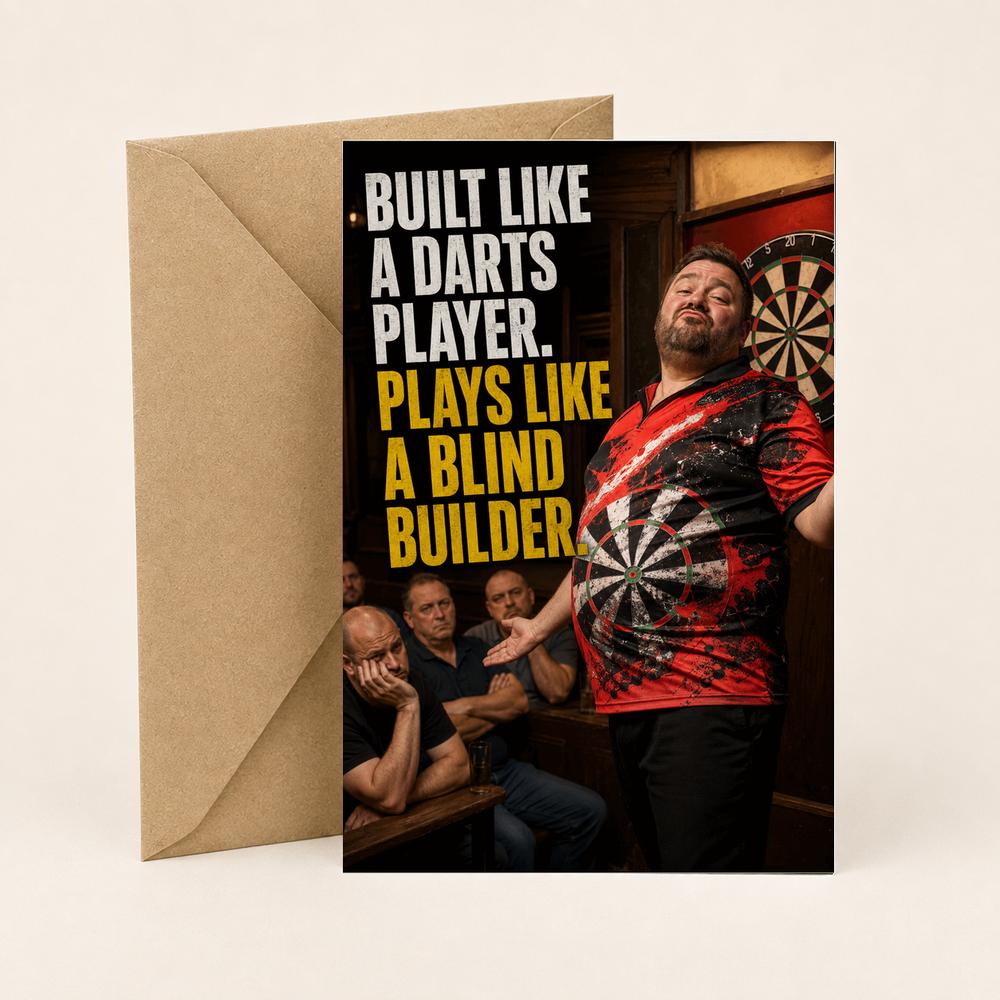 Funny Darts Birthday Card – Plays Like a Blind Builder