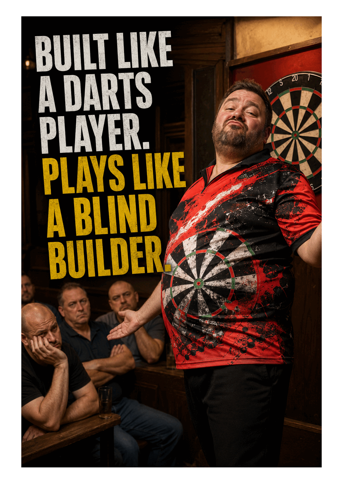 Funny Darts Birthday Card – Plays Like a Blind Builder – card front artwork