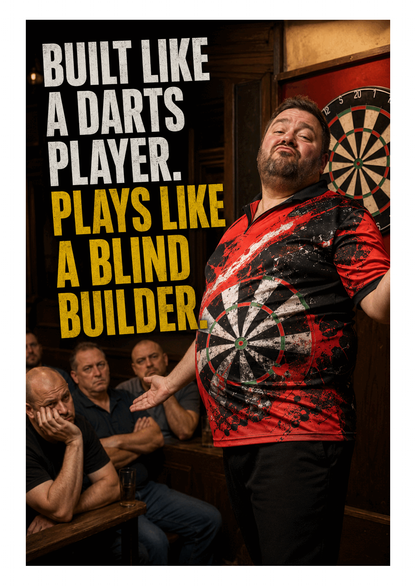 Funny Darts Birthday Card – Plays Like a Blind Builder – card front artwork