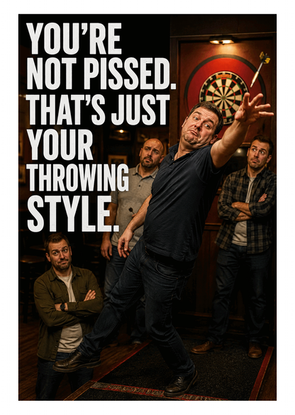 Funny Darts Birthday Card – That's Your Throwing Style – card front artwork