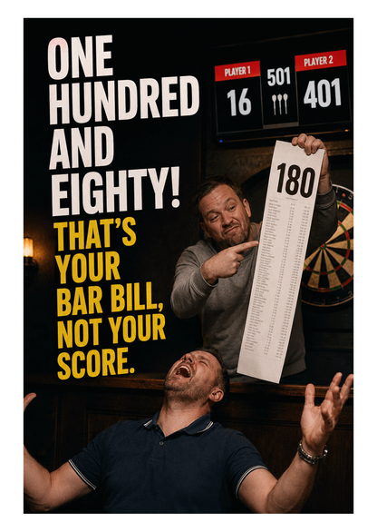 Funny Darts Birthday Card – Your Bar Bill Is 180 – card front artwork