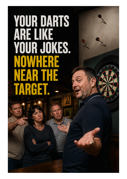 Funny Darts Birthday Card – Nowhere Near the Target – card front artwork