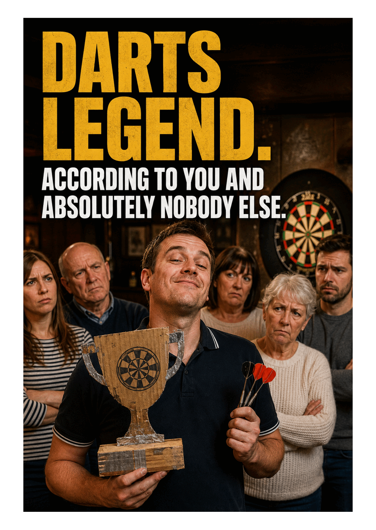 Funny Darts Birthday Card – Darts Legend According to You – card front artwork
