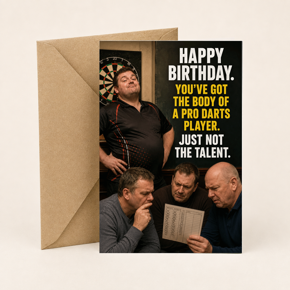Funny Darts Birthday Card – Body of a Pro Darts Player