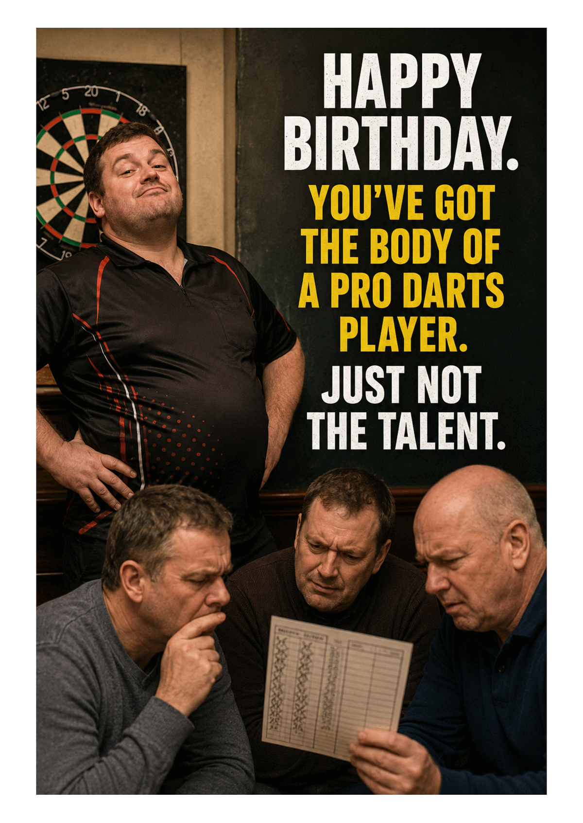 Funny Darts Birthday Card – Body of a Pro Darts Player – card front artwork