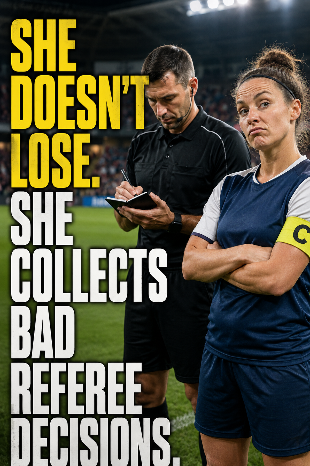 She Doesn't Lose. She Collects Bad Referee Decisions. – card front artwork