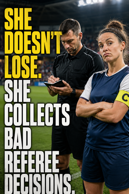 She Doesn't Lose. She Collects Bad Referee Decisions. – card front artwork
