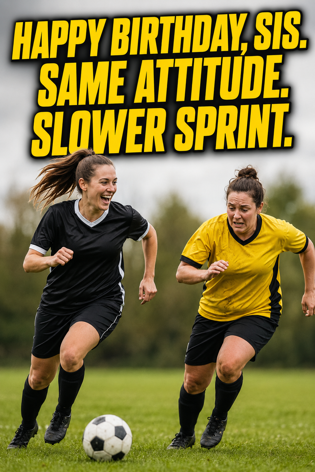 Happy Birthday, Sis. Same Attitude. Slower Sprint. – card front artwork
