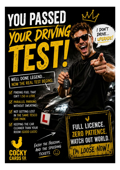 Funny Driving Test Card for Him – You Passed!