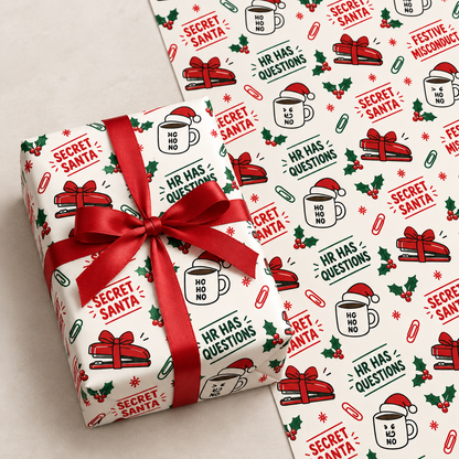 Funny Secret Santa Wrapping Paper – HR Has Questions – 3 Sheets — promotional mockup