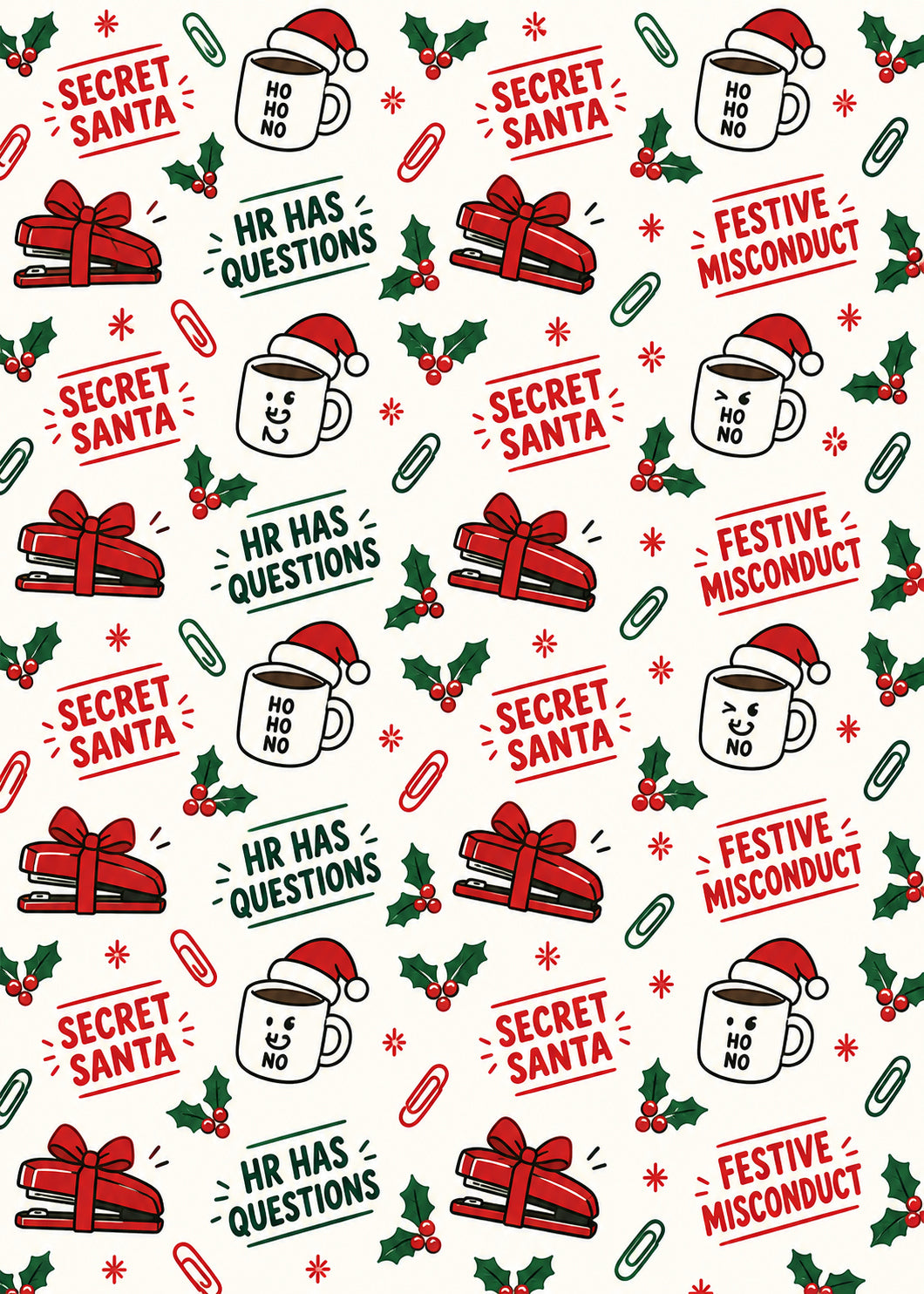 Funny Secret Santa Wrapping Paper – HR Has Questions – 3 Sheets — complete artwork