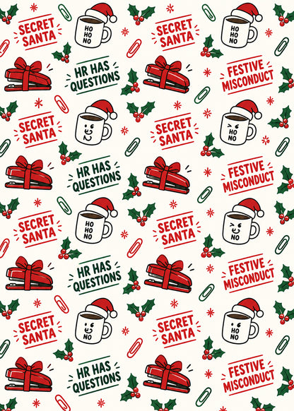 Funny Secret Santa Wrapping Paper – HR Has Questions – 3 Sheets — complete artwork