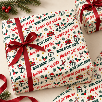 Work Secret Santa Another Shit Meeting wrapping paper — styled gift mockup