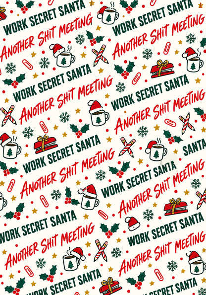 Rude office Christmas wrapping paper with Work Secret Santa and Another Shit Meeting repeat design