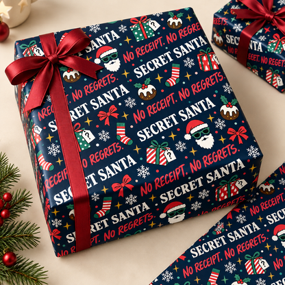 Secret Santa No Receipt No Regrets wrapping paper — styled gift mockup
