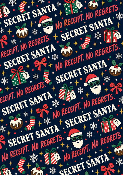 Funny Secret Santa Christmas wrapping paper with No Receipt No Regrets repeat design